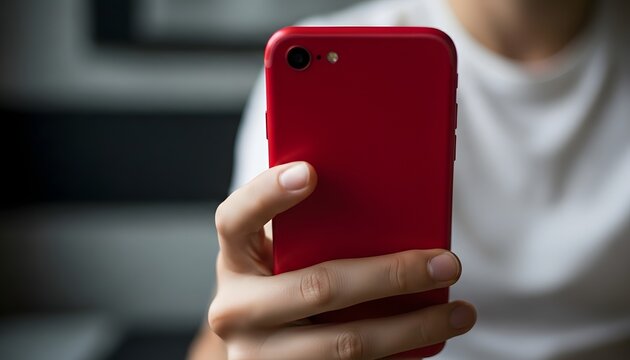 Close up of a person holding a red smartphone