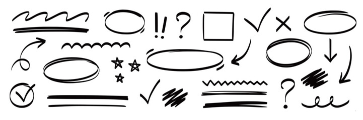 Arrow, highlight, oval marker pen set. Arrow line marker hand drawn pencil stroke sketch circle underline. Doodle check cross curve oval round icon sign texture rough. Vector illustration © Polina Tomtosova