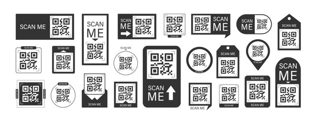 Scan me Frame. Quick mobile payment with barcode or QR code. Click icon and CTA button in modern Frame for your app or shop now. Minimalist Vector illustration.