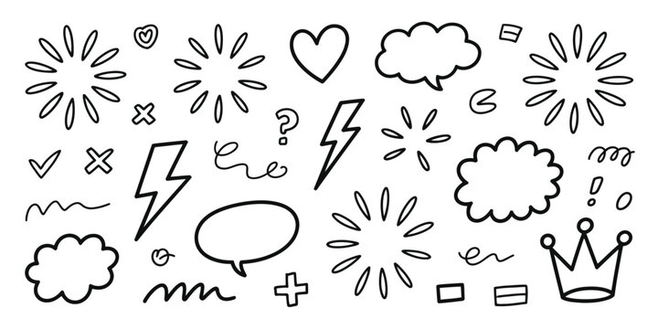 Sketch underline and highlight element collection featuring hand drawn arrows, brush strokes, speech bubbles and sparkle accents in vector style.
