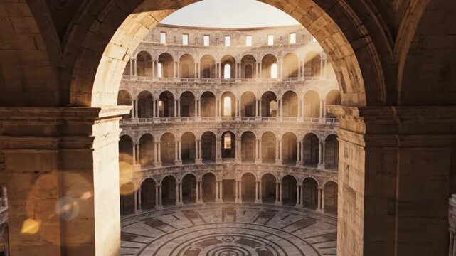 View through an arched stone passageway showing the interior of a historic Roman amphitheater with multiple tiers of arches and a circular floor pattern.