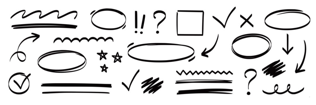 Arrow, highlight, oval marker pen set. Arrow line marker hand drawn pencil stroke sketch circle underline. Doodle check cross curve oval round icon sign texture rough. Vector illustration