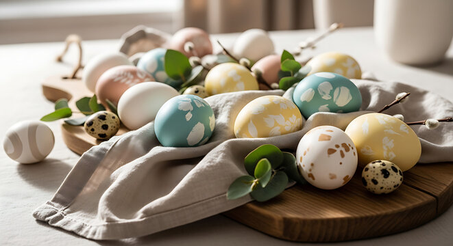 Colorful easter eggs on a wooden board with a cloth