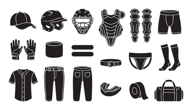 Essential baseball player uniform and protective equipment collection featuring various apparel, headgear, padding, and accessories for sports merchandise, athletic training, or game day
