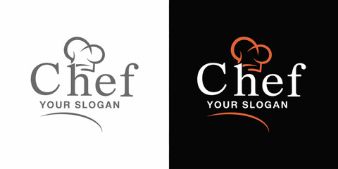 Obraz premium Chef with chef hat symbol and slogan on white and black backgrounds white background