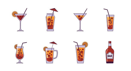 Eight isolated vector graphics of various cocktails and a liquor bottle © Shalahuddin