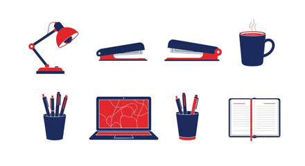 Flat icon set of red and dark blue office supplies on white