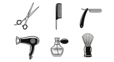 Fototapeta premium Six black and white grooming tools arranged in two rows