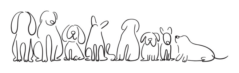 A charming continuous line drawing of multiple happy dogs sitting in a row, perfect for pet care product packaging or cheerful veterinarian office decorations.