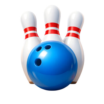 A blue bowling ball and three white bowling pins on transparent background