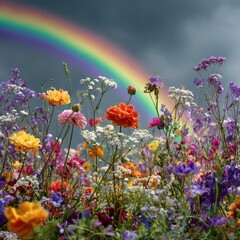Obraz premium Vibrant Meadow With A Majestic Rainbow Arching Over A Dramatic Sky After A Storm