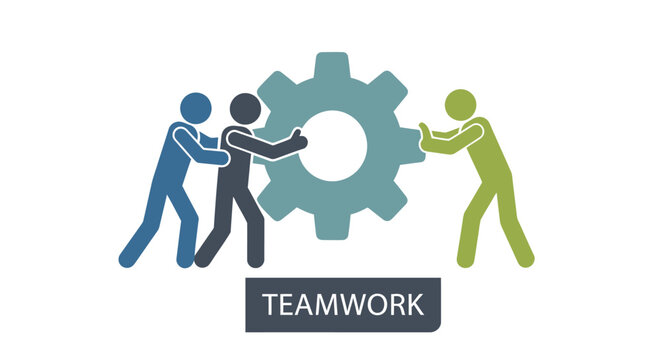 Teamwork concept with people pushing a gear symbolizing collaboration and success
