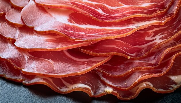 A Close Up Of Thinly Sliced Cured Meat Layered