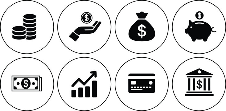 Financial Icons Set With Coins Money Bag Piggy Bank And Credit Card finance