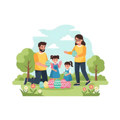 Fototapeta premium Family Decorating Easter Eggs Together in Spring Park Illustration