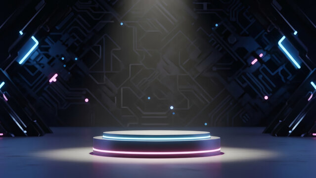 Futuristic stage with a glowing neon podium and abstract circuit background for high-tech product displays and virtual events.