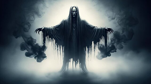 Ethereal Ghostly Figure Emerging from Smoke and Mist