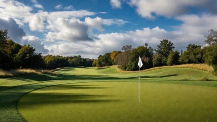 Golf course with a green grassy field and a white flag on the ground. The flag is on a tee, and the field is surrounded by trees