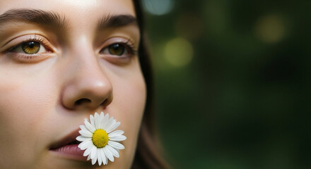 Woman holding white daisy flower between lips serene expression close up portrait soft natural lighting green blurred background
