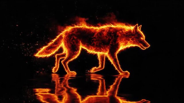 Fiery wolf walking on water, glowing animation on black background