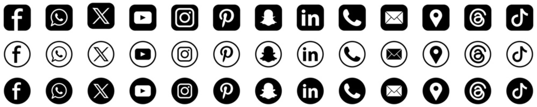 Social media and contact app logos set with Facebook WhatsApp X YouTube Instagram icons. Social media symbol icon set for digital communication. Online networking symbols. social media, vector, icons
