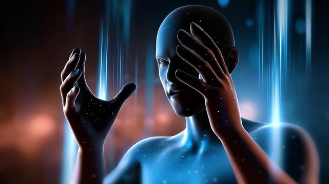 A surreal depiction of a humanoid figure amidst a cosmic backdrop, illustrating themes of introspection and emotional struggle through striking visual contrasts.