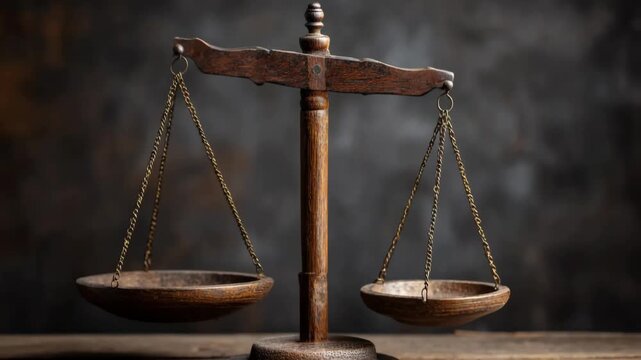 A wooden balance scale with two bowls, one on each side, positioned evenly on a flat surface.