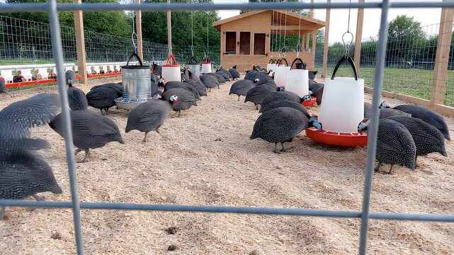 Flock of Guinea Fowl Birds in a Farm Enclosure with Feeders and Shelter during Daytime