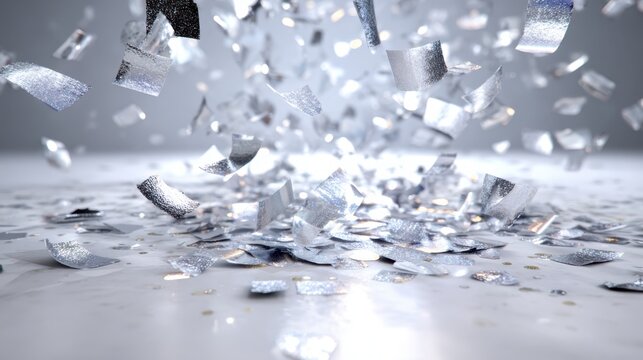 Dynamic Silver Confetti Falling on Bright Surface in Celebration Scene
