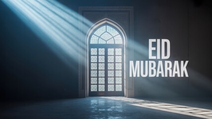 Fototapeta premium Eid mubarak greeting with beautiful light rays through a decorative door