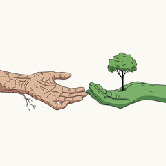 Human Hand Offers Branch to Green Hand Holding Young Tree