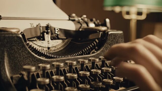 Person typing on a vintage manual typewriter with fingers.