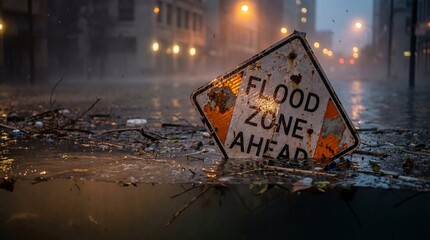 Fototapeta premium Flooded street sign indicating danger ahead at night time in urban environment