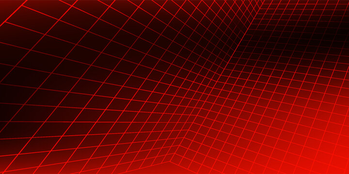 Red glowing neon wireframe background. Shining diagonal checkered grid planes in perspective. Retro futuristic depth wallpaper. Arcade game sci fi matrix surface backdrop for poster, banner.