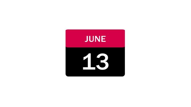 A professional flat design calendar icon displaying the date June 13, featuring a pink header and black body, perfect for scheduling and organizational graphics.