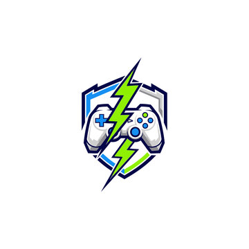 Gaming Shield Logo with Lightning Bolt and Game Controller on Isolated White Background