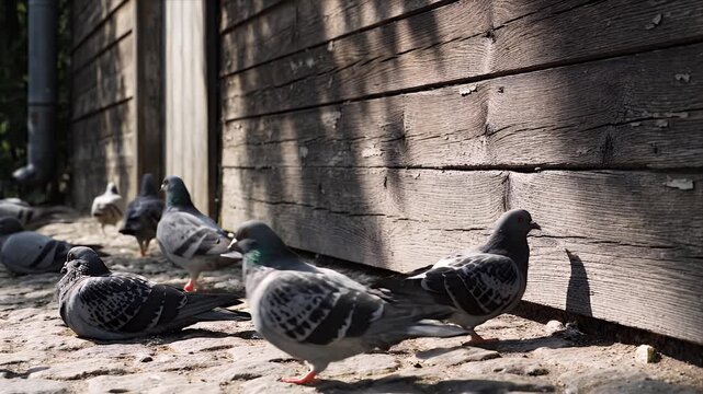 Flock of Pigeons Gathered on Gravel Near Wooden Wall with Sunlight and Shadows Creating Natural Texture