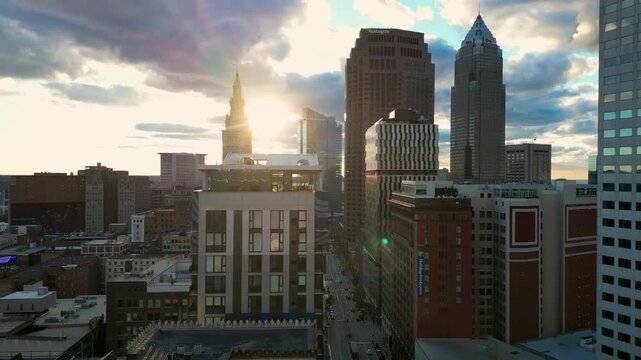Sunset reveal over downtown skyline