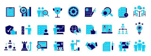 Blue mega pack of 27 solid business and investment icons. Corporate finance vector bundle.
