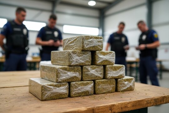 A large stack of wrapped packages containing a green substance rests on a wooden table, with uniformed personnel present.
