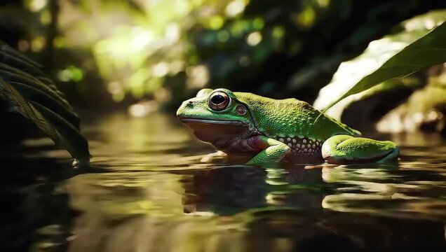 A serene green frog sitting in a peaceful pond surrounded by lush vegetation in a natural setting video