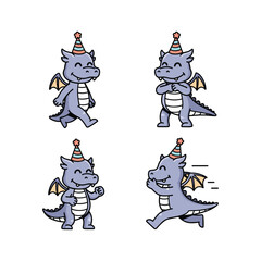 Cute cartoon dragon wearing party hat and dancing with joy