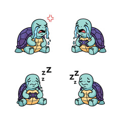 Crying and sleeping cartoon turtle character in different emotional states with copy space