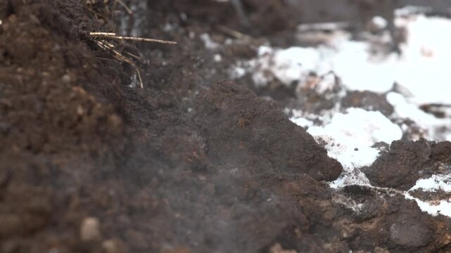 Fine Dust Rises Over Cold Snowcovered Ground. Dark Soil Emits Fine Particles After Impact Near Snow . Stock clip