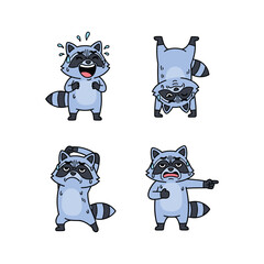 Cartoon raccoons showing different emotions and actions on white background