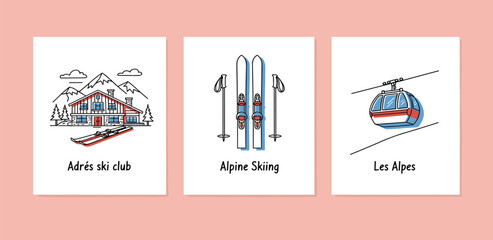 Illustrations of Alpine Skiing, Ski Resorts, and Helicopter Tours in the Mountains