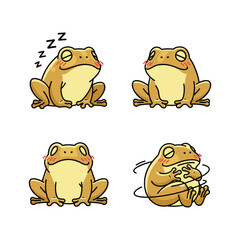 Cartoon frogs with different emotions and actions on white background