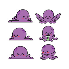 Cute cartoon octopuses with different emotions and actions on white background