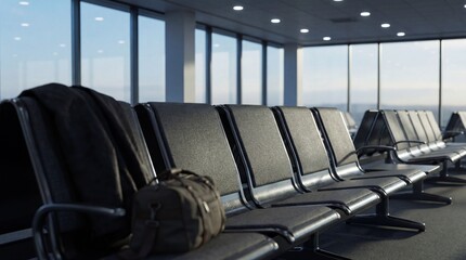 Empty airport lounge with black chairs and abandoned backpack viewed from the side