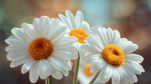 Three white daisies with yellow centers are displayed against a neutral background.